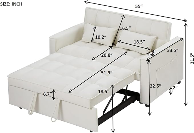 3 in 1 Convertible Loveseat Sleeper Sofa Bed,Modern Velvet Tufted Upholstered Love Seats Sofabed W/Pull Out Sleep Couch and 2 Pillows for Living Room, 55.21", Beige-1123 - LeafyLoom