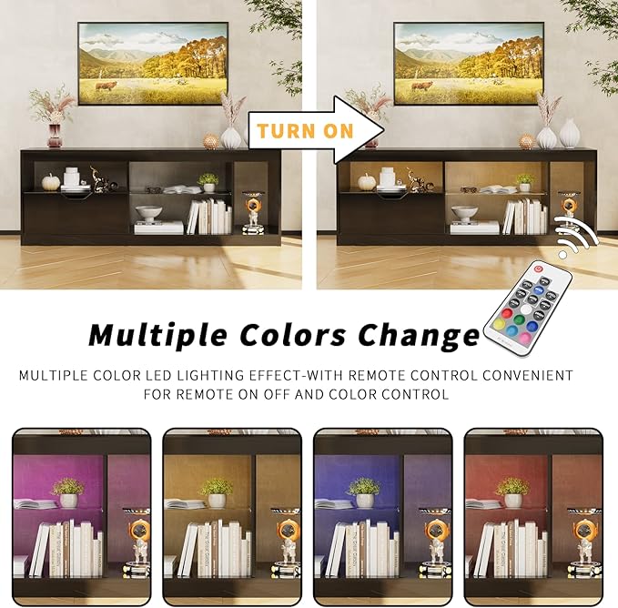 YESHOMY Modern LED TV Stand for Televisions up to 65+ Inch with Glass Shelves and Drawer, Gaming Entertainment Center with Multiple Dynamic RGB Modes, for Livingroom, Bedroom, 55 Inch, Black - LeafyLoom
