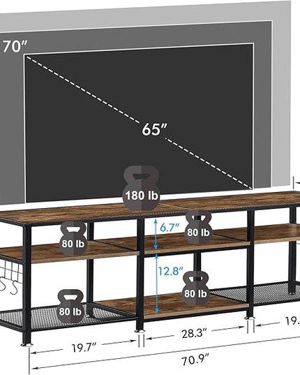 VECELO TV Stand for Televisions up to 75 Inch, Industrial Entertainment Center with 3-Tier Open Storage Shelves& Hooks for Living, Bedroom and Gaming Room, 70 Inch, Brown - LeafyLoom