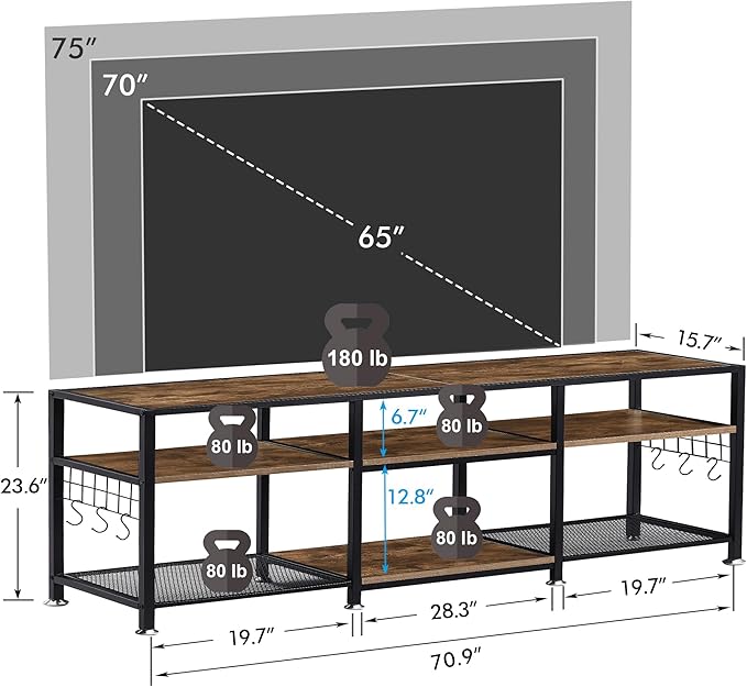 VECELO TV Stand for Televisions up to 75 Inch, Industrial Entertainment Center with 3-Tier Open Storage Shelves& Hooks for Living, Bedroom and Gaming Room, 70 Inch, Brown - LeafyLoom