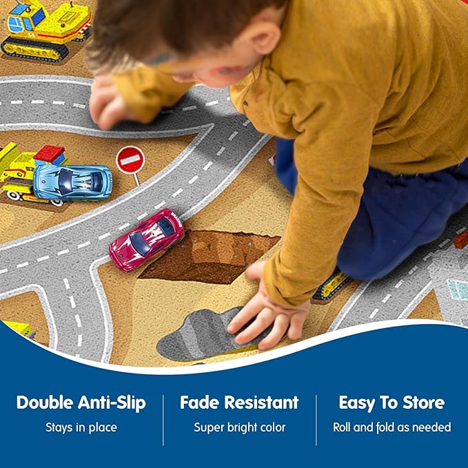 Booooom Jackson Construction Car Rug Play Mat, Non-Slip Kids Rug,Car Play Rug,Construction Rug Play Car Mat,Car Play Carpet,Construction Road Rug,Construction Site Rug,Construction Vehicle Play Mat - LeafyLoom