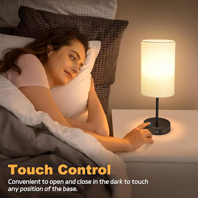 AKASUKI Table Lamp for Bedroom, 3 Way Dimmable Touch Lamp with Dual Charging Station, Small Bedside Lamps for Night Stands, Living Room, Office(LED Bulb Included) - LeafyLoom
