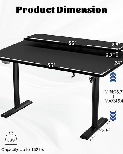 Electric Standing Desk with Monitor Shelf, 55 x 24 Inches Height Adjustable Corner Table, Computer Workstation with Cup Holder and Hook for Home Office, 55 x 24 Inch, Dark Black - LeafyLoom