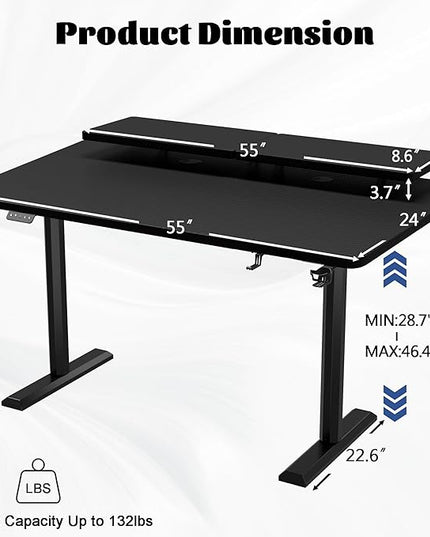 Electric Standing Desk with Monitor Shelf, 55 x 24 Inches Height Adjustable Corner Table, Computer Workstation with Cup Holder and Hook for Home Office, Black, 55x24 Inch - LeafyLoom