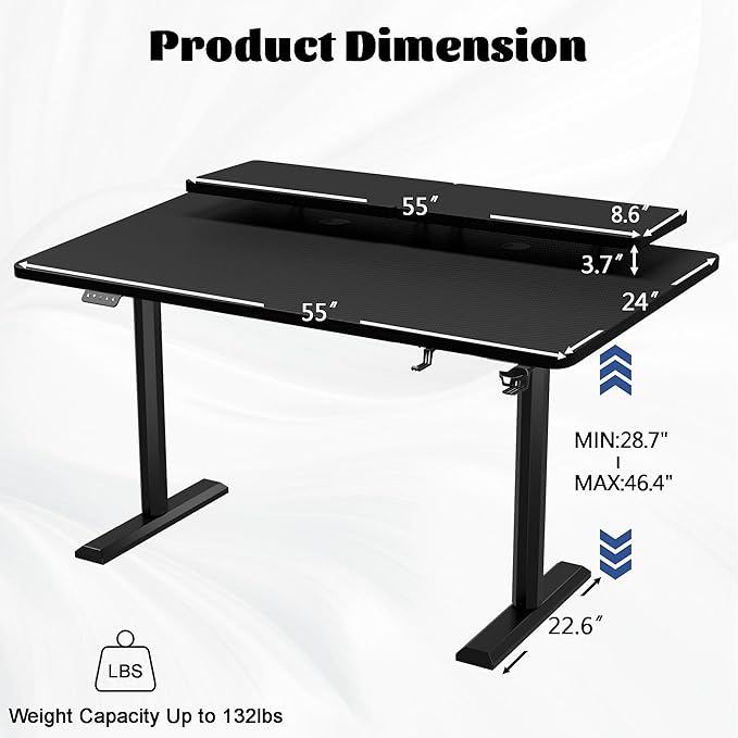 Electric Standing Desk with Monitor Shelf, 55 x 24 Inches Height Adjustable Corner Table, Computer Workstation with Cup Holder and Hook for Home Office, Black, 55x24 Inch - LeafyLoom