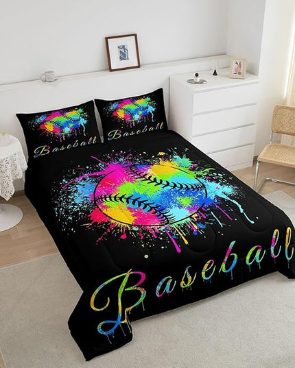 Kids Baseball Comforter Set Full Size Sports Game Bedding Set for Boys Girls Teens Bedroom Decor Baseball Gaming Comforter Women Men Tie Dye Duvet Set with 2 Pillow Case - LeafyLoom