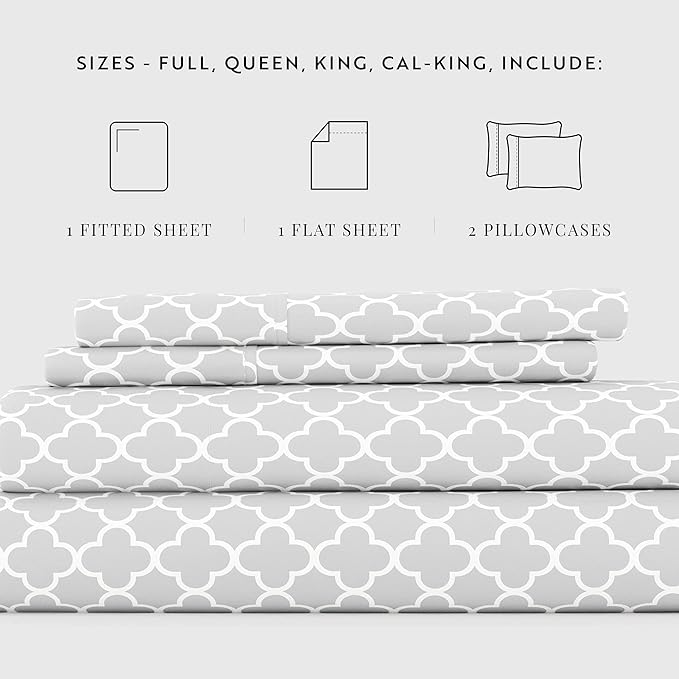 Linen Market 4 Piece Full Bedding Sheet Set (Gray Quatrefoil) - Sleep Better Than Ever with These Ultra-Soft & Cooling Bed Sheets for Your Full Size Bed - Deep Pocket Fits 16" Mattress - LeafyLoom