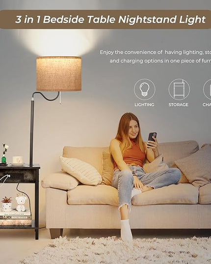 FIMEI Floor Lamp with Table, End Table with Charging Station USB Ports & Outlets, Bedside Table 3 Color Temperature Reading Light, Nightstand with Shelves for Living Room Bedroom Apartment, Sage Gray - LeafyLoom