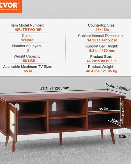 VEVOR Rattan TV Stand, Boho TV Cabinet for 55 inch TV, Mid Century Modern TV Stand, Rattan TV Console with Adjustable Shelfs for Living Room, Media Room, Walnut - LeafyLoom