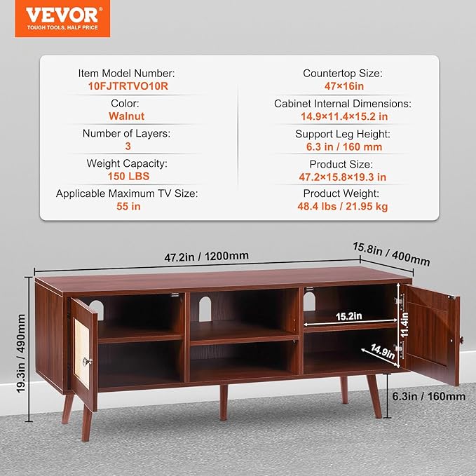 VEVOR Rattan TV Stand, Boho TV Cabinet for 55 inch TV, Mid Century Modern TV Stand, Rattan TV Console with Adjustable Shelfs for Living Room, Media Room, Walnut - LeafyLoom