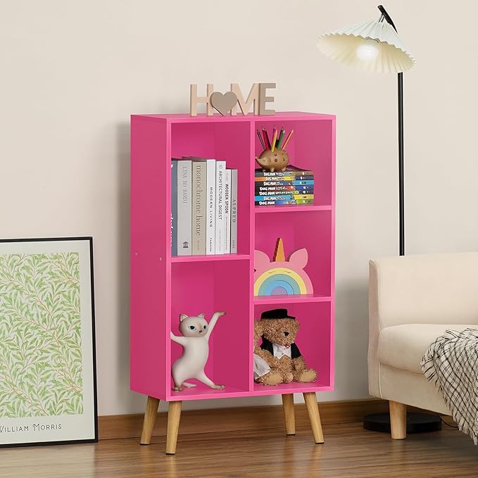 LEYAOYAO 5 Cube Bookshelf, 3-Tier Bookcase with Legs, Pink Kids Book Shelf Cute Storage Organizer, Free standing Open Toy Shelves Modern Bookshelves,Wood Display Bookcases for Bedroom,Living Room - LeafyLoom