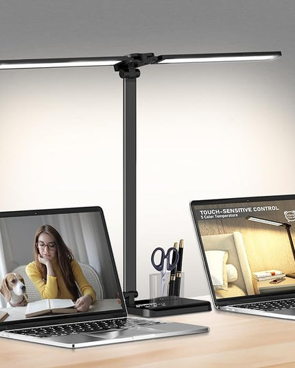 Dimmable LED Desk Lamp with USB Charging Port, 50 Lighting Modes Dual Swing Arm Architect Table Lamp Light Desk Lamp for Home Office Dorm Piano Nail - LeafyLoom