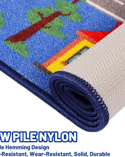 Kids Carpet Playmat Rug 78.7"x59", Car Rug for Kids Cars, Non-Slip Town City Road Map Kids Rug for Playroom Bedroom Boys, Kids Car Mat Road Rug, Track Rug Car Play Rug for Kids (78.7X59Inch,Blue) - LeafyLoom