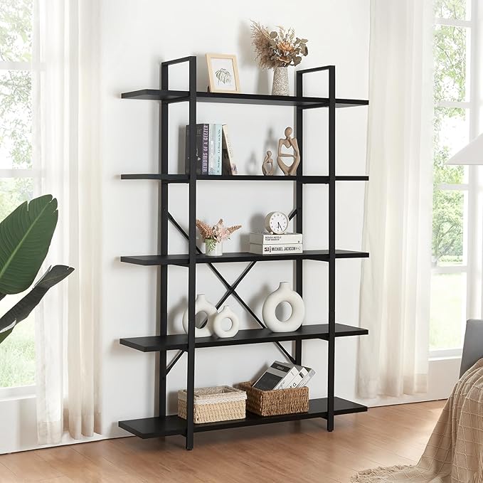 HOMISSUE Bookshelf,5-Tier Bookshelf Industrial Bookcase and Bookshelves,Rustic Storage Rack with Open Shelves for Living Room Bedroom and Kitchen - LeafyLoom