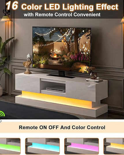 White TV Stand Modern - TV Stands with Led Lights and Storage Drawers for TVs up to 55 Inch - Gaming TV Entertainment Stand for Living Room, Bedroom - LeafyLoom