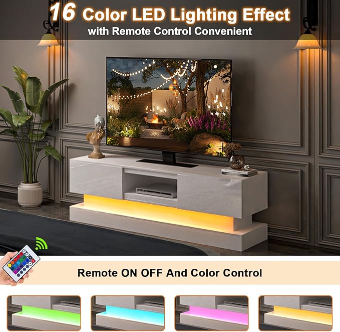 Modern TV Stand Glossy White - TV Console with Led Lights and Storage Drawers for Televisions up to 70 Inchs - Media Entertainment Center for Living Room, Bedroom - LeafyLoom