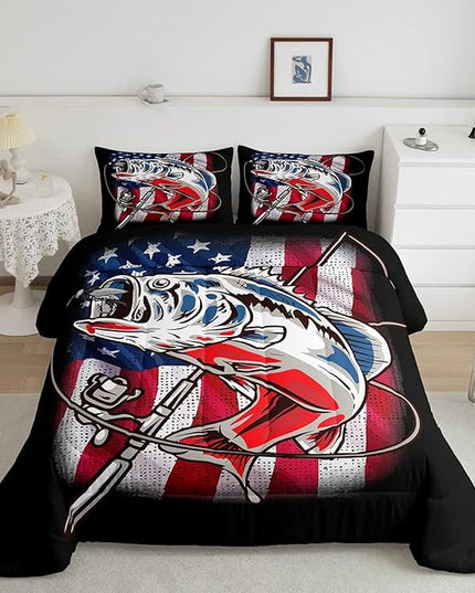 American Flag Comforter Set Farmhouse Fishing Bedding Set for Kids Boys Girls Teens Room Wild Fish Decor Comforter Red Blue Stripe Quilted Set 3Pcs Full Size - LeafyLoom