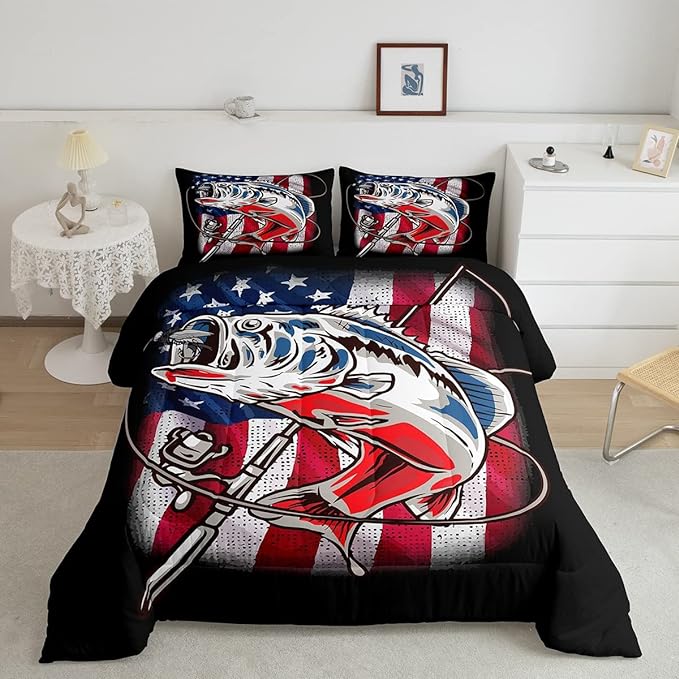 American Flag Comforter Set Farmhouse Fishing Bedding Set for Kids Boys Girls Teens Room Wild Fish Decor Comforter Red Blue Stripe Quilted Set 3Pcs Full Size - LeafyLoom