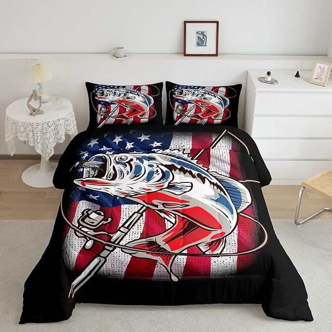 American Flag Comforter Set Farmhouse Fishing Bedding Set for Kids Boys Girls Teens Room Wild Fish Decor Comforter Red Blue Stripe Quilted Set 2Pcs Twin Size - LeafyLoom