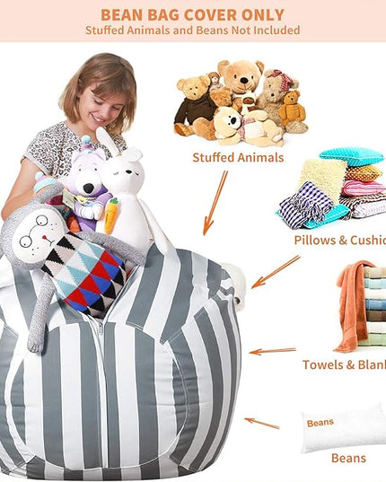 Aubliss Stuffed Animal Storage Bean Bag Chair Cover Only for Plush Toys, Blankets, X-Large 48"-Canvas Stripes Grey - LeafyLoom