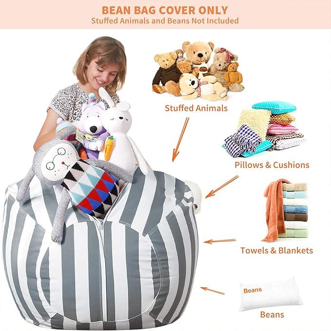 Aubliss Stuffed Animal Storage Bean Bag Chair Cover Only for Plush Toys, Blankets, X-Large 48"-Canvas Stripes Grey - LeafyLoom