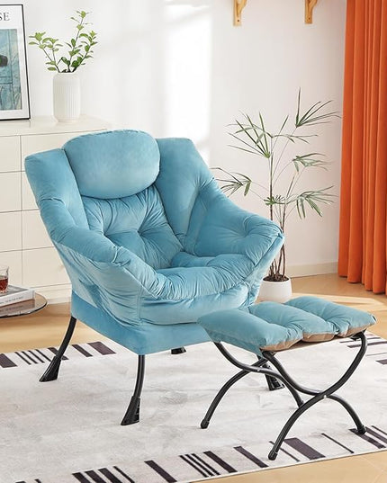Cozy Lazy Chair and Ottoman, Large Contemporary Accent Lounge Chair Set, Leisure Upholstered Reading Armchair for Bedroom, Living Room, Dorm Rooms, Office - LeafyLoom