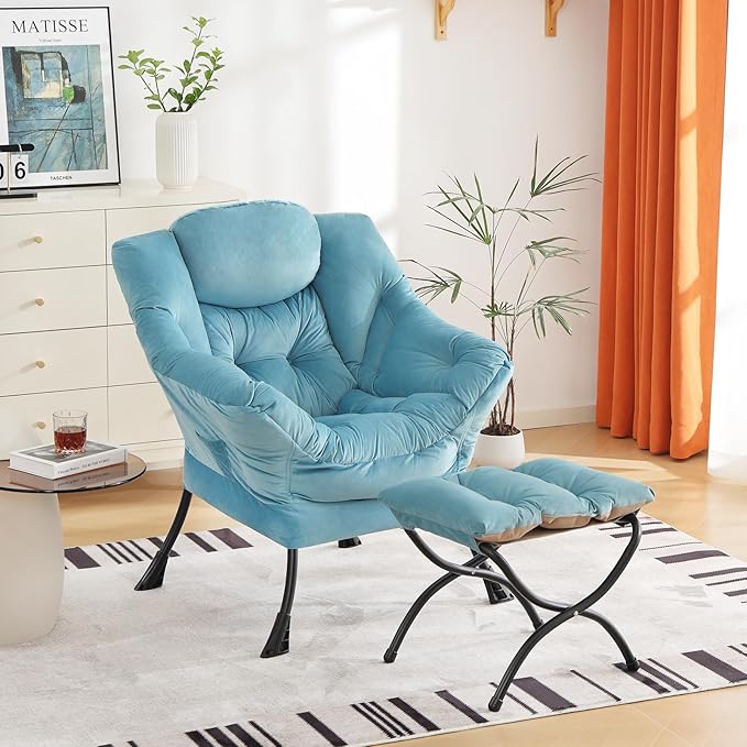 Cozy Lazy Chair and Ottoman, Large Contemporary Accent Lounge Chair Set, Leisure Upholstered Reading Armchair for Bedroom, Living Room, Dorm Rooms, Office - LeafyLoom