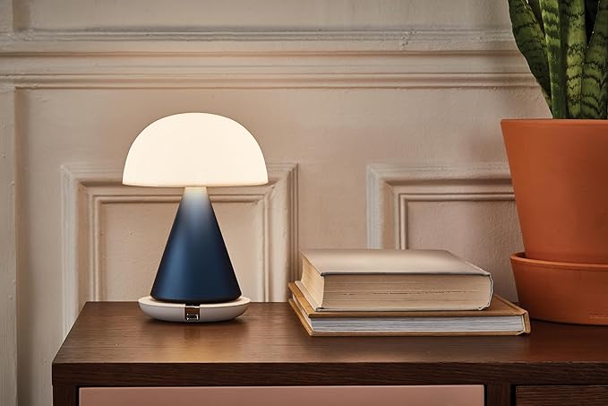 Lexon Mina L Mushroom Lamp - 9 LED Color Table Lamp for Bedrooms, Living Room & Office - Cordless, Rechargeable with 24h Light & Dimmer, Aluminum, Large - Dark Blue - LeafyLoom