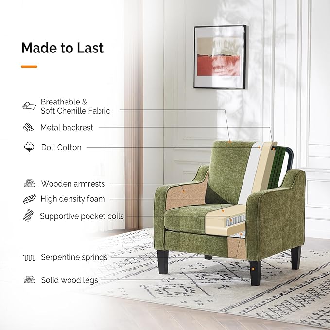 VINGLI Accent Chair for Living Room Chairs Olive Green Reading Chair for Bedroom Scooped Arm Chair Mid Century Modern Accent Chairs Upholstered Comfy Chair for Apartment, Waiting Room - LeafyLoom