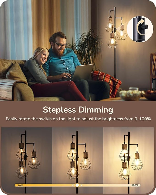 EDISHINE Dimmable Industrial Floor Lamp, Farmhouse Standing Lamp for Living Room with 3 LED Edison Bulbs, Diamond-Shaped Cage, Corner Rustic Rattan Reading Lamps for Bedroom, Office, Black - LeafyLoom