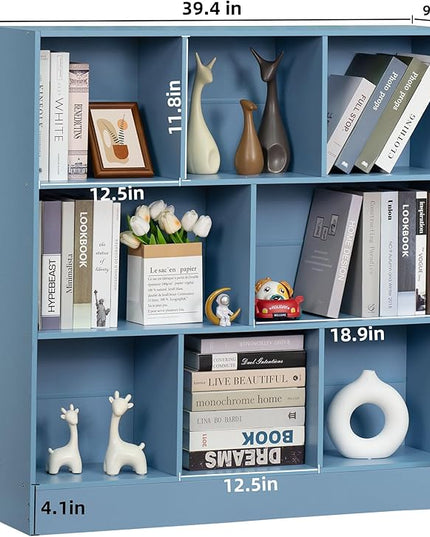 YAHARBO 3 Tier Bookshelf,Wide Kids Horizontal Bookcase,8 Cube Blue Book Shelf,Large Display Toy Storage Cabinet with Base,Floor Standing Modern Bookcases Organizer for Bedroom,Nursery,Playroom - LeafyLoom