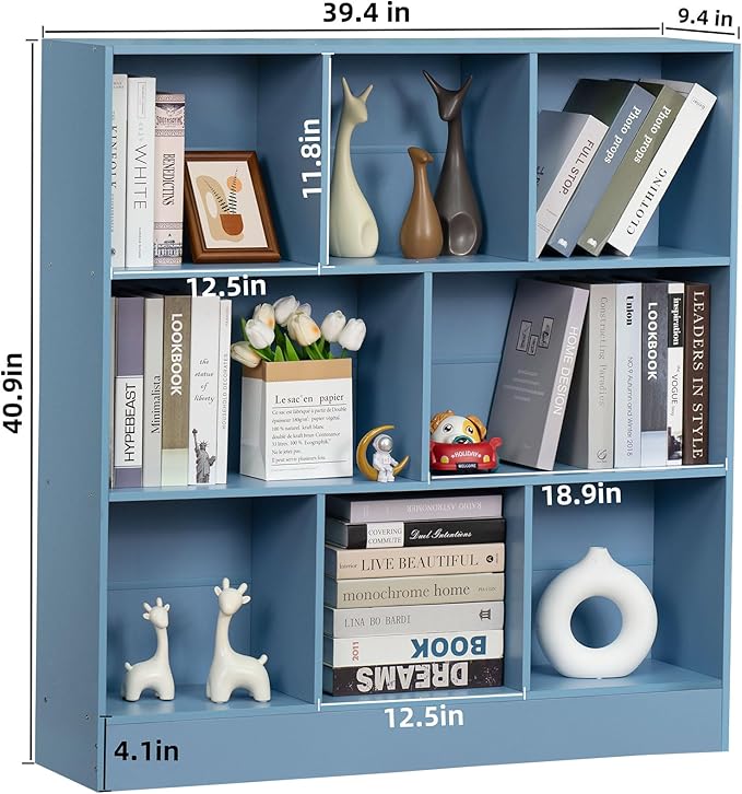 YAHARBO 3 Tier Bookshelf,Wide Kids Horizontal Bookcase,8 Cube Blue Book Shelf,Large Display Toy Storage Cabinet with Base,Floor Standing Modern Bookcases Organizer for Bedroom,Nursery,Playroom - LeafyLoom