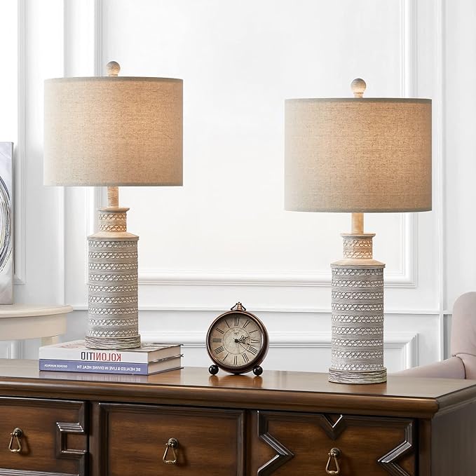 BOBOMOMO 24.5" Farmhouse Rustic Retro 24.5'' Table Lamp Set of 2 for Bedroom Living Room Traditional Nightstand End Table Lamps - LeafyLoom