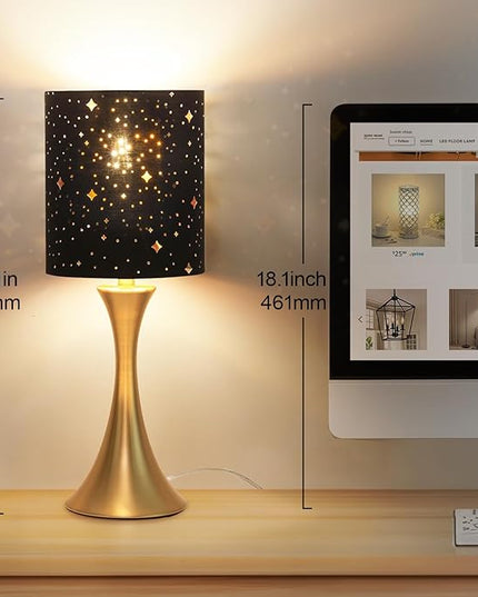 Touch Lamp for Bedroom, 3 Way Dimmable Gold Table Lamp with Black Starry Shade, Decorative Nightstand Lamp Ambient Beside Light for Living Room, Guest Room, Office 3000K LED Bulb Included - LeafyLoom