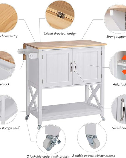 Spirich Home Kitchen Island on Wheels, Rolling Cart with Storage Cabinet, Small Kitchen Island with Drop Leaf and Towel Rack for Dining Room, White - LeafyLoom