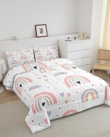 Rainbow Twin Bedding Sets For Girls, Kawaii Cloud Comforter Set 2 Pieces With 1 Pillow Case, Pink Love Heart Down Comforter For Kids Boys Women Adult, Hand Drawn Cartoon Rainbow Duvet Insert - LeafyLoom