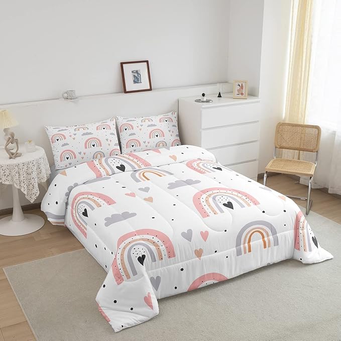 Rainbow Twin Bedding Sets For Girls, Kawaii Cloud Comforter Set 2 Pieces With 1 Pillow Case, Pink Love Heart Down Comforter For Kids Boys Women Adult, Hand Drawn Cartoon Rainbow Duvet Insert - LeafyLoom
