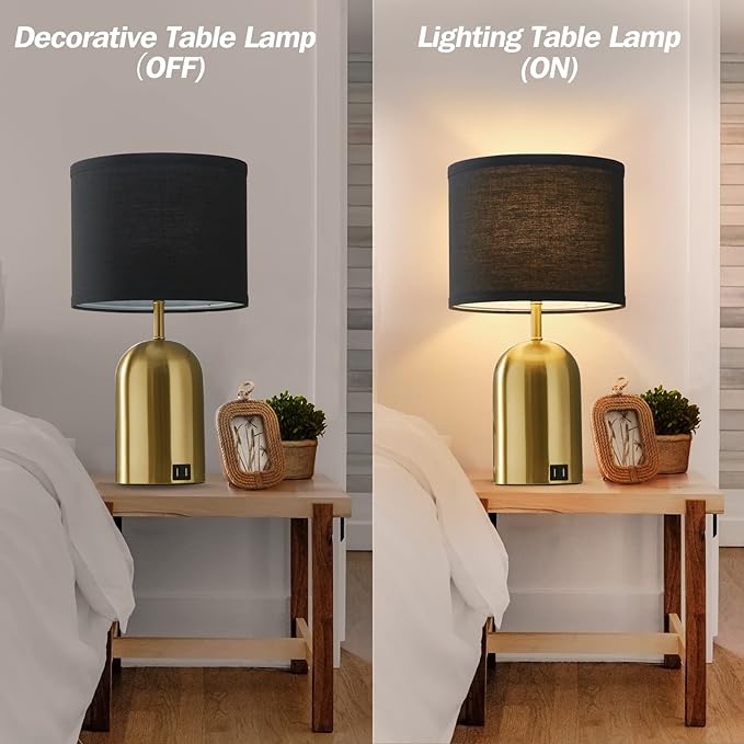 3-Way Dimmable Table Lamp Set of 2 for Living Room,Touch Control Modern Bedside Lamps with 2 USB Ports Nightstand Lamp with Black Shade and Gold Base for Bedroom Reading Room Hotel Office - LeafyLoom