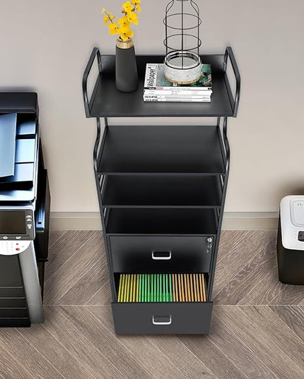 Vertical File Cabinet, 2 Drawer Mobile Filing Cabinet with 3 Bookshelf, Printer Stand with Open Storage Shelves Fits A4/Letter/Legal Size File Cabinets for Home Office Organizer, Black - LeafyLoom