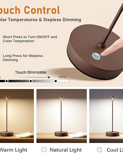 Set of 2 Rechargeable Cordless Table Lamp,6000mAh LED Battery Operated Desk Lamp Touch 3 Color Dimming Portable Outdoor Waterproof Table Light for Patio/Restaurant/Dining/Home (Rust) - LeafyLoom
