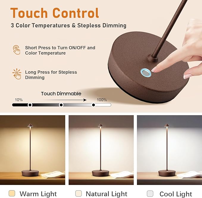 Set of 2 Rechargeable Cordless Table Lamp,6000mAh LED Battery Operated Desk Lamp Touch 3 Color Dimming Portable Outdoor Waterproof Table Light for Patio/Restaurant/Dining/Home (Rust) - LeafyLoom