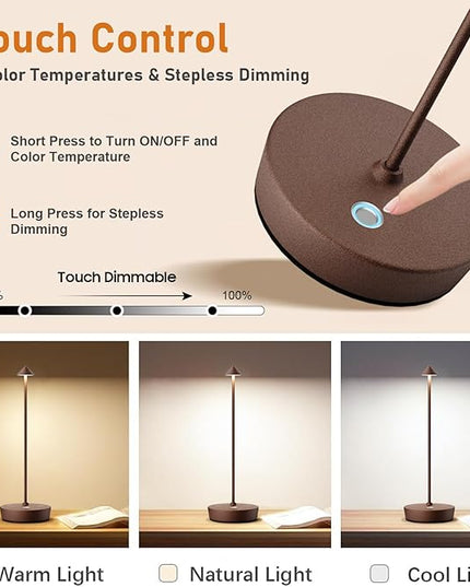 Rechargeable Cordless Table Lamp, 6000mAh LED Battery Operated Desk Lamp Touch 3 Color Stepless Dimming Portable Outdoor Waterproof Table Light for Patio/Restaurant/Dining/Home (Rust) - LeafyLoom