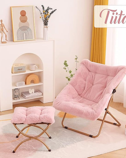 Tiita Saucer Chair with Ottoman, Soft Faux Fur Oversized Folding Accent Chair,Lounge Lazy Chair, Metal Frame Moon Chair for Bedroom, Living Room, Dorm Rooms, Garden and Courtyard - LeafyLoom