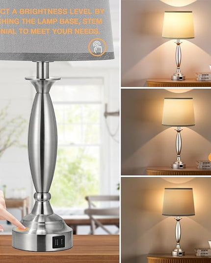 Bedrooms Touch Control Bedside Lamp with USB C+A, 3 Way Dimmable Nightstand Lamps with USB Port, Brushed Nickel Table Lamp for Living Room Guest Room Bed Side End Table, Set of 2 - LeafyLoom