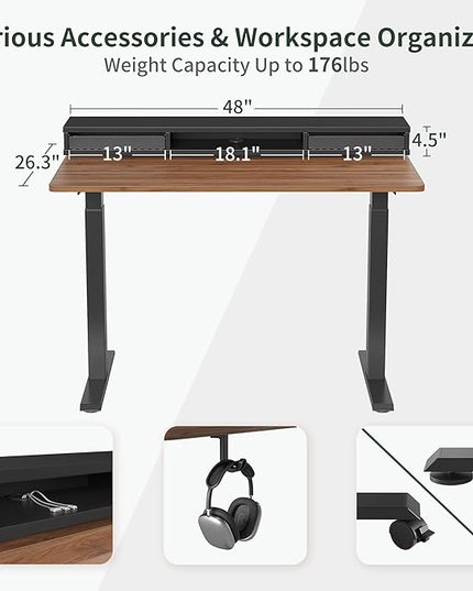 FEZIBO 48 x 24 Inch Height Adjustable Electric Standing Desk with Double Drawers, Stand Up Desk with LED Strips, Sit Stand Desk with Monitor Stand, Blcak Walnut - LeafyLoom