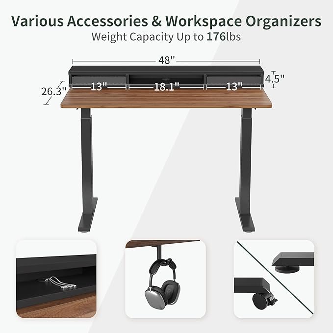 FEZIBO 48 x 24 Inch Height Adjustable Electric Standing Desk with Double Drawers, Stand Up Desk with LED Strips, Sit Stand Desk with Monitor Stand, Blcak Walnut - LeafyLoom