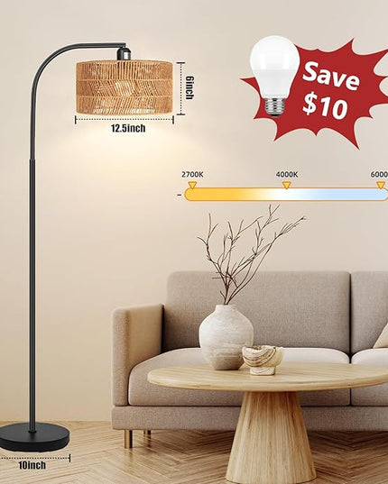 Rattan Floor Lamp- Boho Floor Lamp for Living Room, Rattan Standing Lamps with Dimmable Bulb, Adjustable Rattan Lamp Shades Bohemian Over Couch Lamps for Bedroom, Office - LeafyLoom