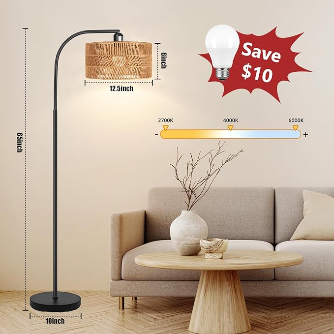 Rattan Floor Lamp- Boho Floor Lamp for Living Room, Rattan Standing Lamps with Dimmable Bulb, Adjustable Rattan Lamp Shades Bohemian Over Couch Lamps for Bedroom, Office - LeafyLoom