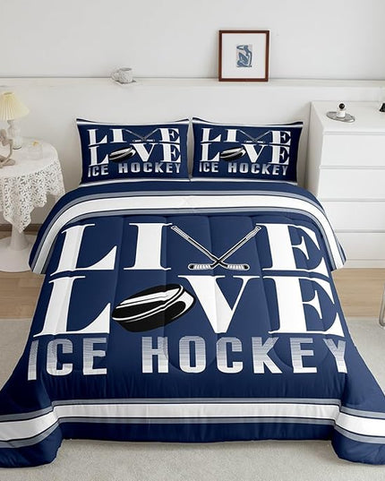 Feelyou Ice Hockey Bedding Set Queen Size Ice Sports Games Comforter Set for Kids Boys Girls Decor Hockey Player Comforter Microfiber Puck Hockey Duvet Set Bedroom Quilt Set - LeafyLoom
