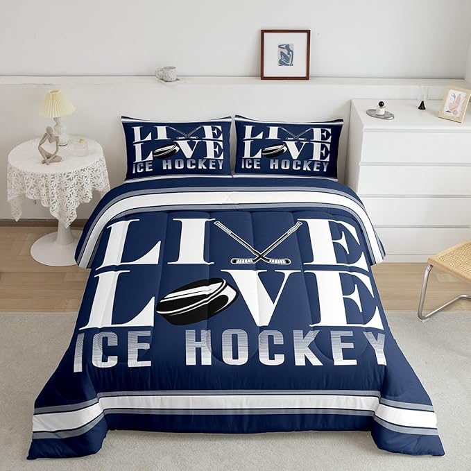 Feelyou Ice Hockey Bedding Set Queen Size Ice Sports Games Comforter Set for Kids Boys Girls Decor Hockey Player Comforter Microfiber Puck Hockey Duvet Set Bedroom Quilt Set - LeafyLoom